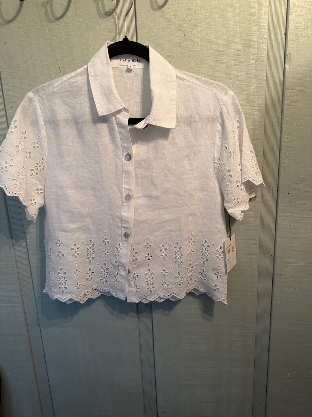 Bella Dahl Embroidered White Eyelet Button-Front Crop Top